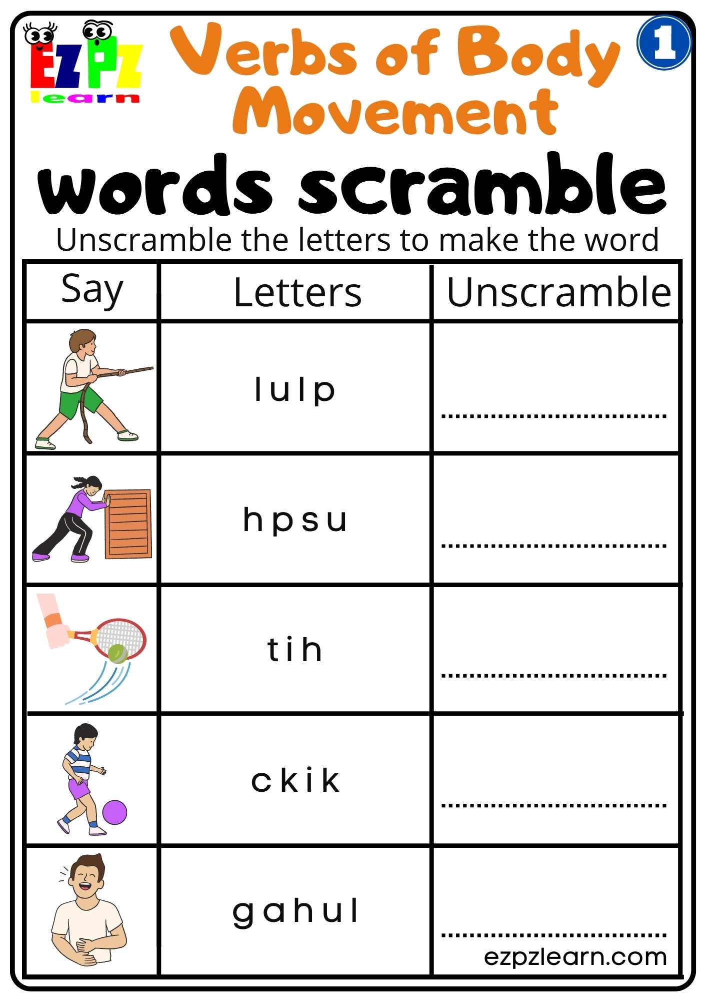 Group 1 Verbs of Body Movement Words Scramble free PDF Download for Parents and ESL Teachers